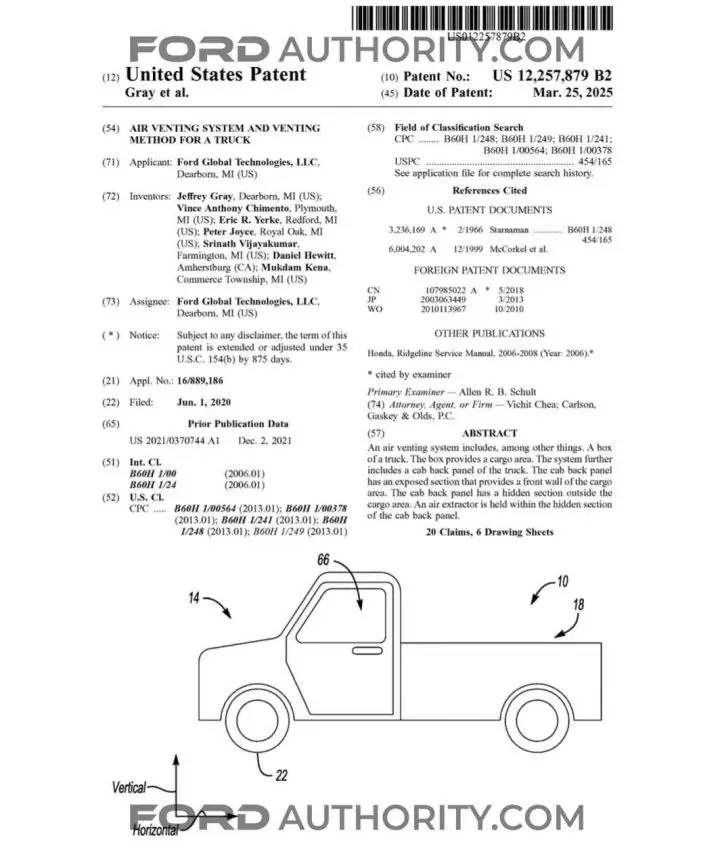 A patent filing for an air venting system for future unibody Ford pickups.