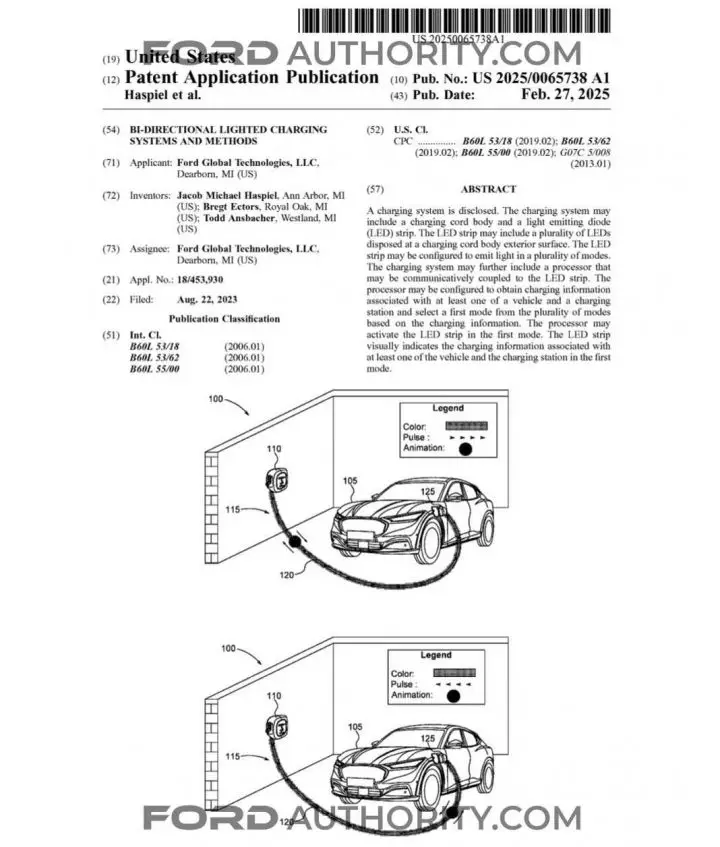 A Ford patent filing for EV charging cords with LED lighting.