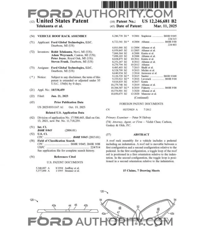 A Ford patent for integrated roof rack cross bars.