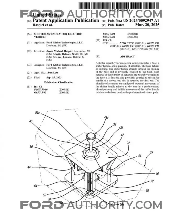 A Ford patent filing for a manual shifter assembly for EVs.