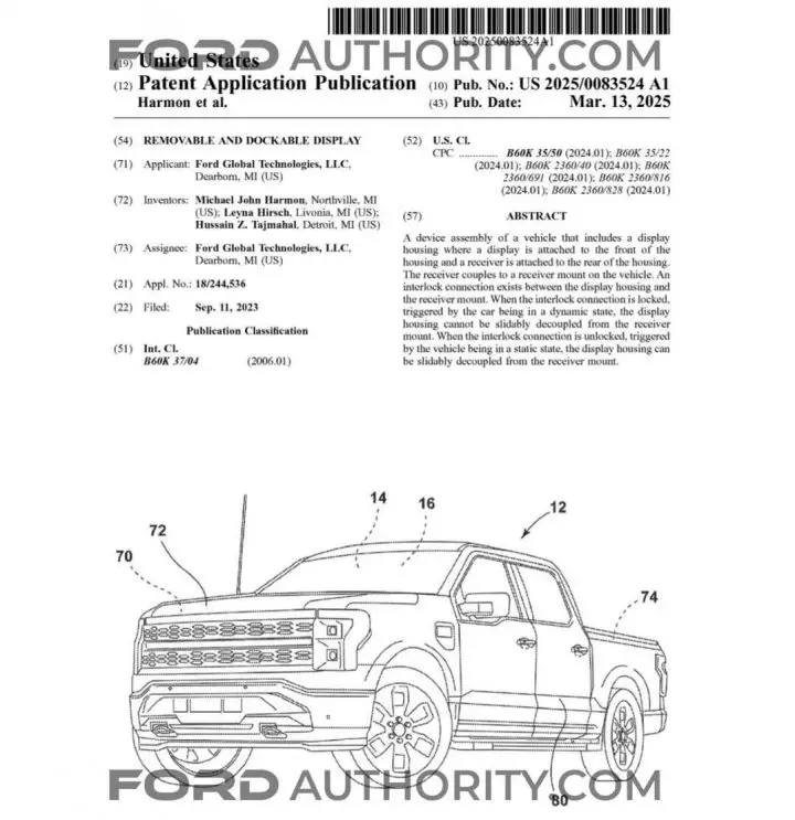 A Ford patent filing for removable and dockable displays.