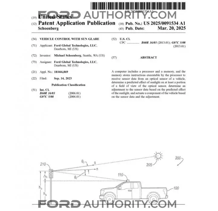 A Ford patent filing for a vehicle control with sun glare system.
