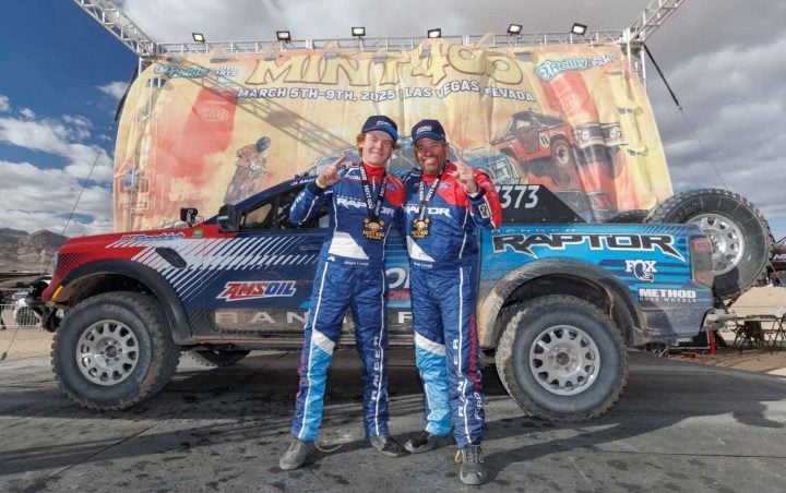 Photo of Ford Raptor racers on the podium at the 2025 Mint 400. RTR Vehicles had an excellent showing at the event. 