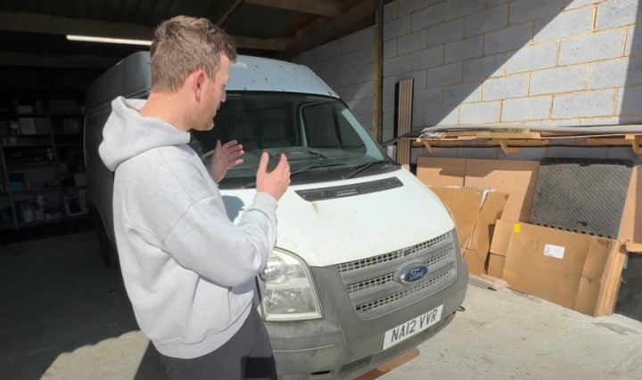 Video still of Will's Adventures on YouTube talking about the issues he's experienced with his used Ford Transit van. It had quite a few problems since it was purchased.