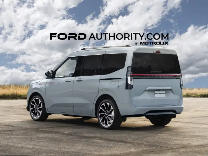 A rendering showing the exterior of the 2026 Lincoln Meridian luxury van from a rear three quarters angle.