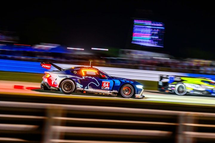 A photo of the No. 64 Ford Mustang GT3 on track at Sebring in 2025. Multimatic Motorsports will once again field two Mustang entries in 2026. 