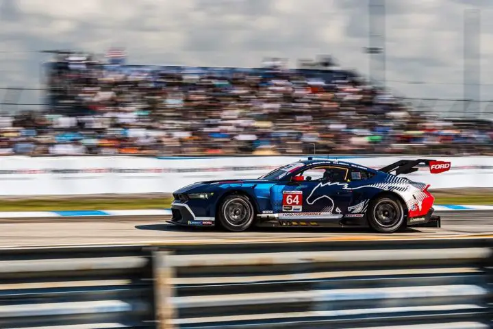 Photo of the No. 64 Ford Mustang GT3 on track at Sebring, shown from a side view. The team would rally to a fifth-place finish overall.