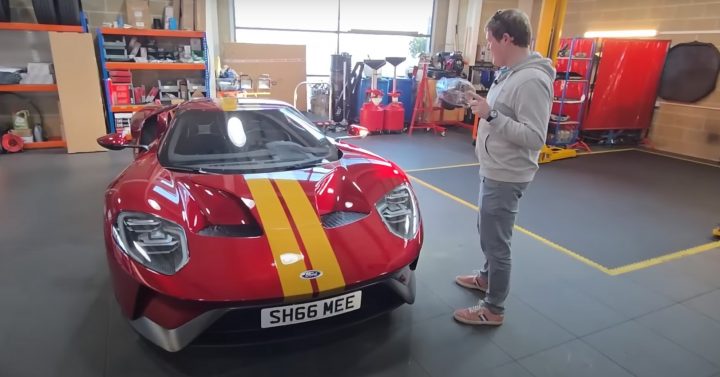 Video still of Tim Burton, aka Shmee150, taking delivery of his Ford GT after sending it to a local UK based GT dealership for service. 