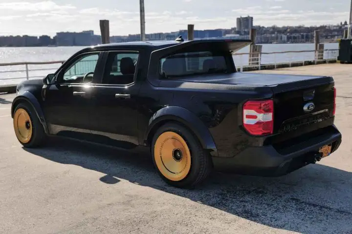 A photo showing the exterior of a custom 2022 Ford Maverick from a rear three quarters angle.