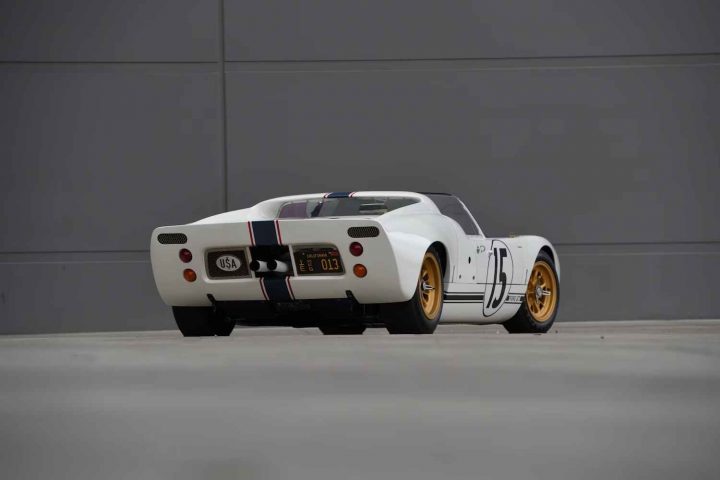 A photo showing the exterior of the 1965 Ford GT/109 Competition Prototype Roadster from a rear three quarters angle.