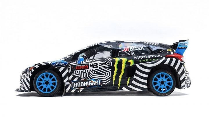 photo showing a side view of the 2016 Ford Focus RS RX driven by Ken Block, which is on display at the Petersen Museum. Photo credit: Petersen Automotive Museum, petersen.org