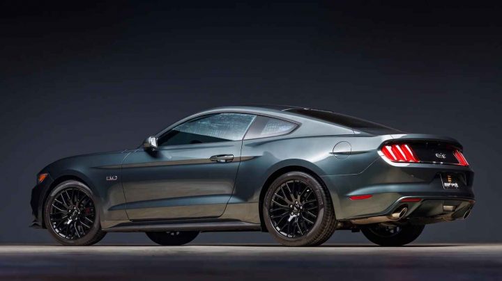 A photo showing the exterior of a 2016 Ford Mustang GT from a rear three quarters angle.