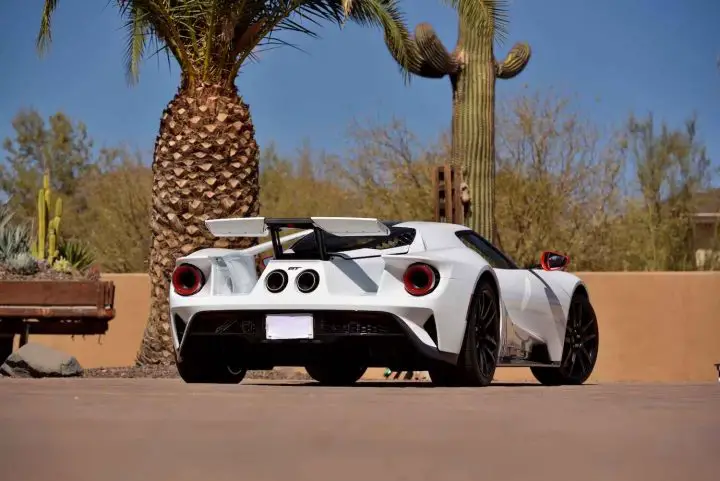 A photo showing the exterior of a 2020 Ford GT Carbon Series from a rear three quarters angle.