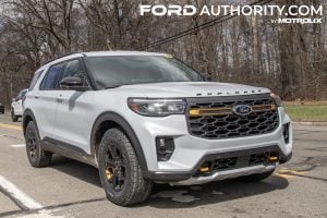 A photo showing a 2025 Ford Explorer Tremor prototype from a front three quarters angle.