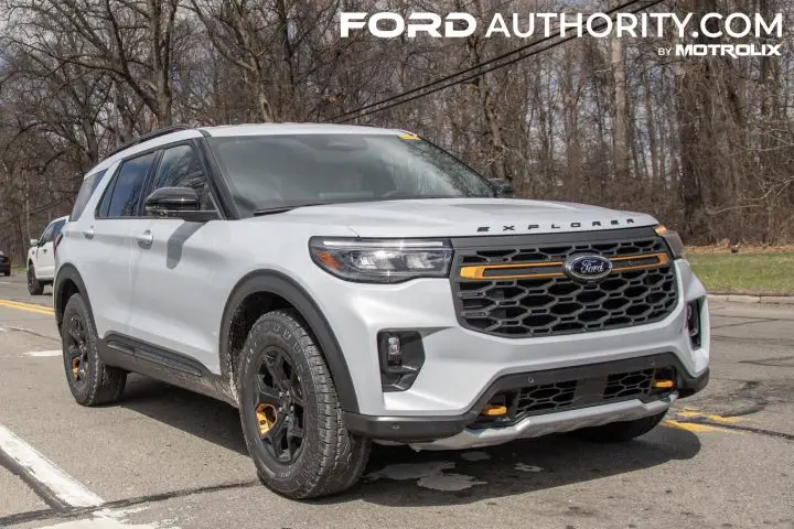 A photo showing a 2025 Ford Explorer Tremor prototype from a front three quarters angle.