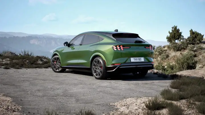 A photo showing the exterior of the European 2025 Ford Mustang Mach-E from a rear three quarters angle.