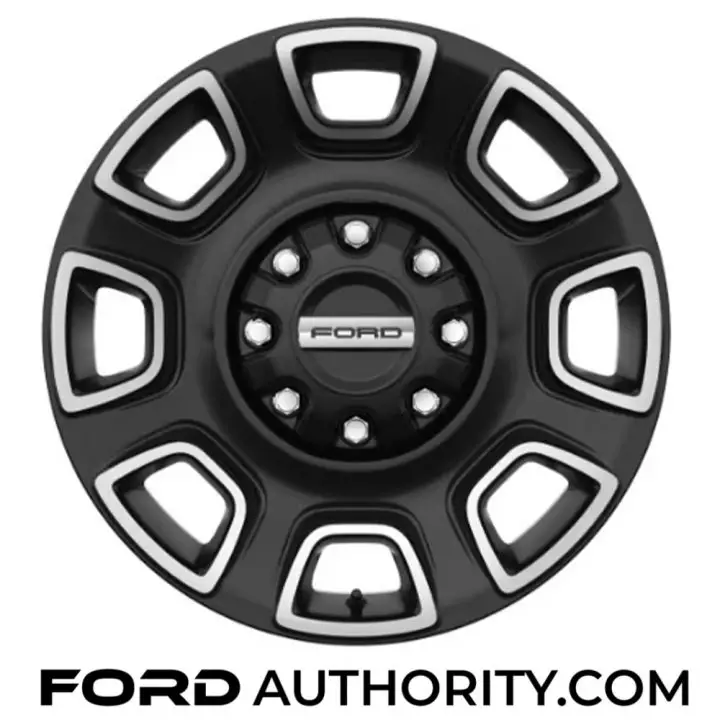 Photo of the20-inch Bright Machined and Ebony Black low-gloss painted aluminum wheel, one of three options offered on the 2025 Ford Super Duty.