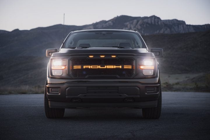 Photo of the 2025 Roush F-150 Nitemare shown from a front angle. The pickup includes an upgraded suspension that improves handling and cornering. 