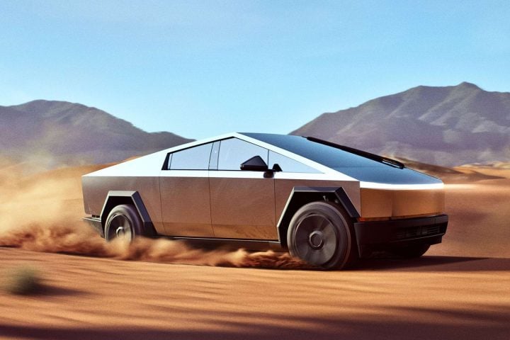 A photo showing the exterior of the 2025 Tesla Cybertruck from a front three quarters angle.
