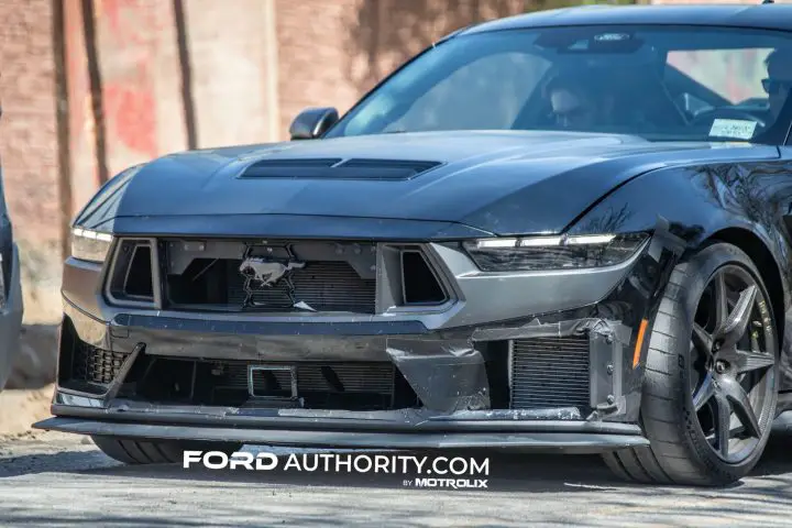 A photo showing the exterior of a 2025 Ford Mustang Shelby GT500 prototype from a front three quarters angle.