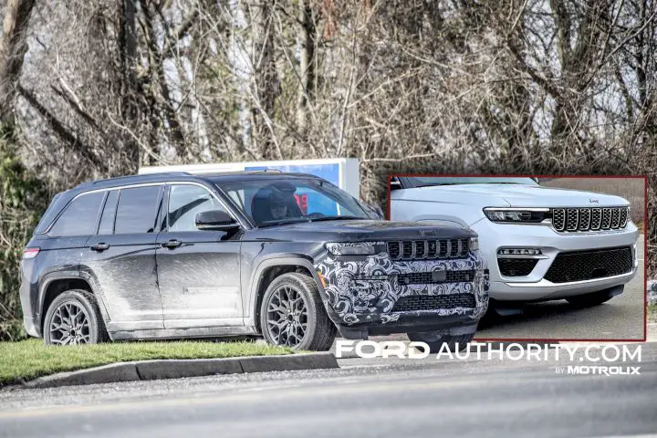 Photo showing a front three-quarters view of the refreshed Jeep Grand Cherokee wearing light camo, next to a pre-refresh model. The Grand Cherokee rivals the Ford Explorer. 