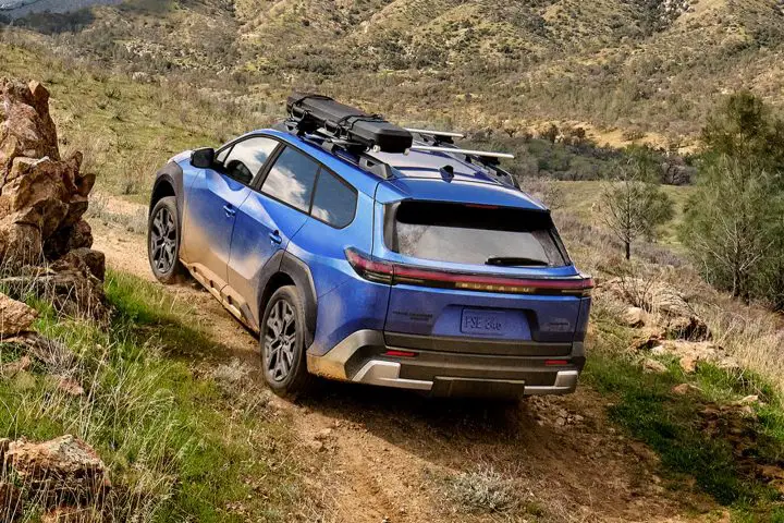 A photo showing the exterior of the 2026 Subaru Trailseeker from a rear three quarters angle.