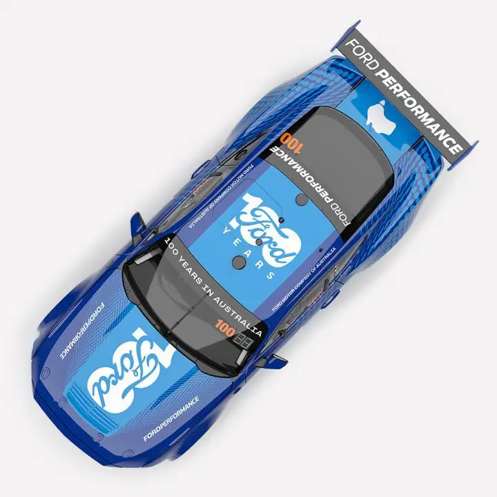 Photo of the diecast Supercars Ford Mustang 100th Anniversary edition, showing the roof and hood of the model. 