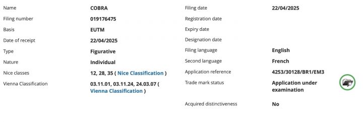 A photo of a Ford trademark filing for Cobra in Europe.
