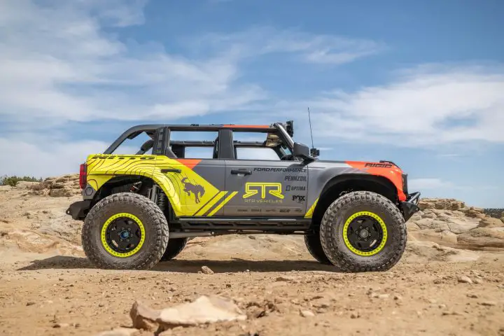 Photo showing the Ford Bronco Fun Runner from a side view. This model features the 7.3L V8 Godzilla engine. 