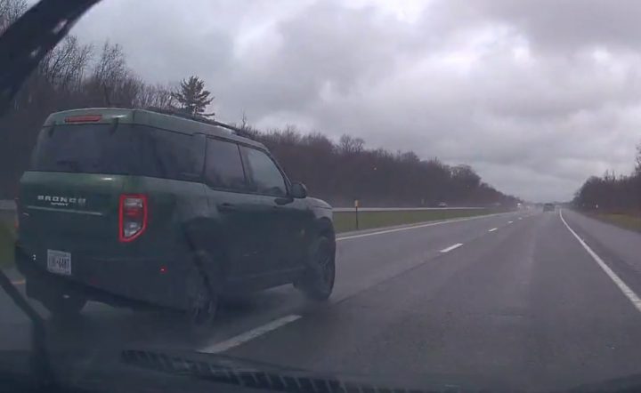 Video still of the Ford Bronco Sport that almost rammed the cammer while making a poorly executed lane change. Perhaps Ford CoPilot360 could have saved them.