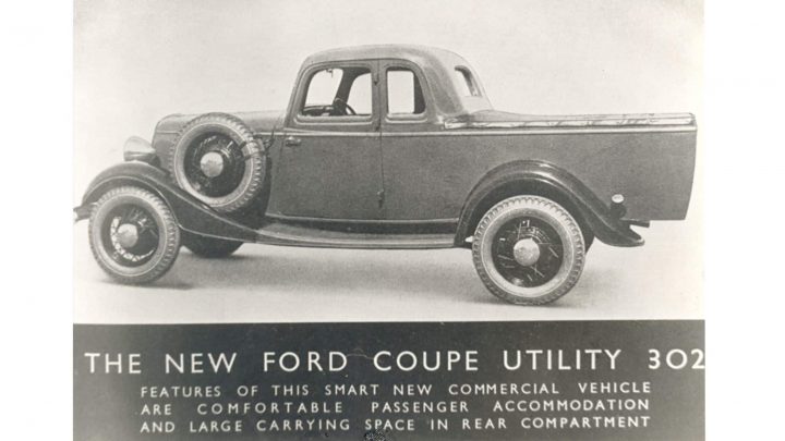 Black and white photo showing the Ford Coupe Utility from a side view. This "ute" set the course for small but capable pickups worldwide.