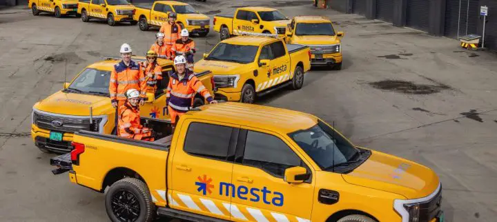 Photo showing the Ford F-150 Lightning in Mesta livery. The Norwegian construction company just acquired 35 units of the electric pickup.