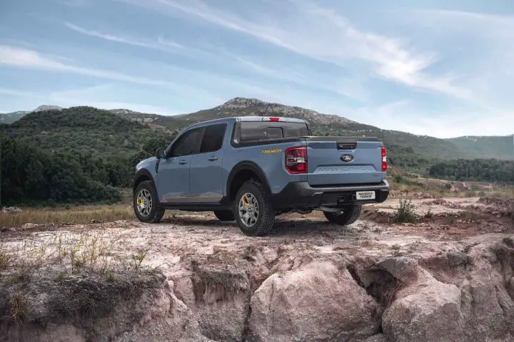 A photo showing the exterior of the Ford Maverick Tremor from a rear three quarters angle.