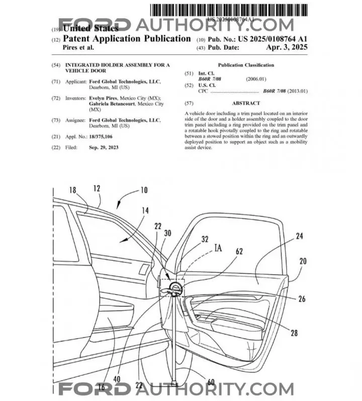 A Ford patent filing for integrated holders for canes or crutches.