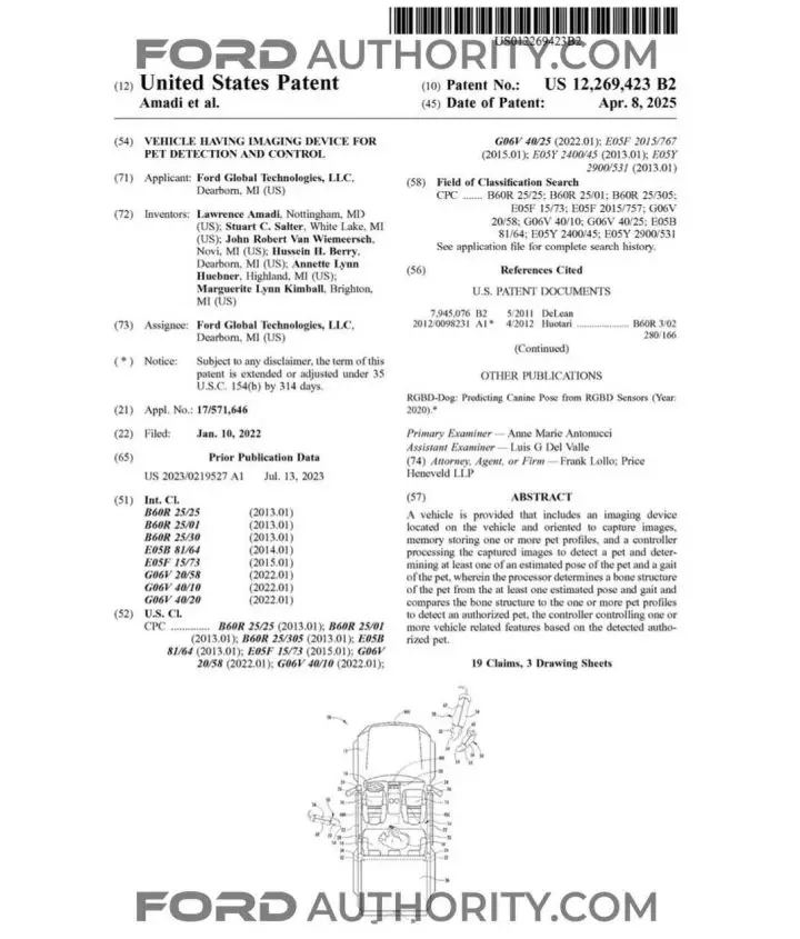 A Ford patent filing for a pet detection system.