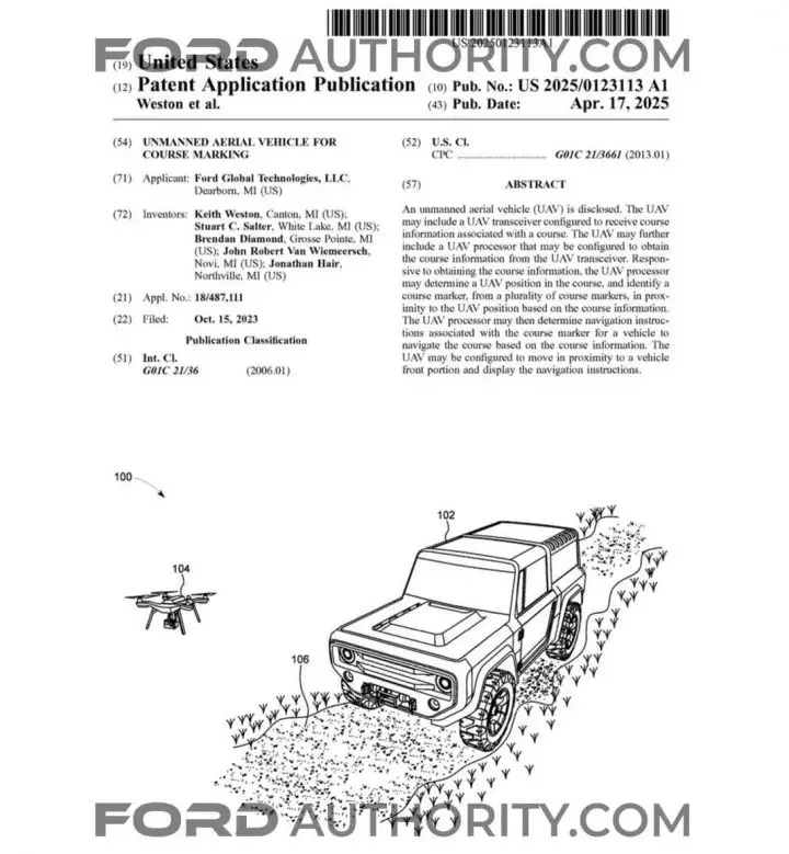 A Ford patent for unmanned aerial vehicles designed to mark courses.