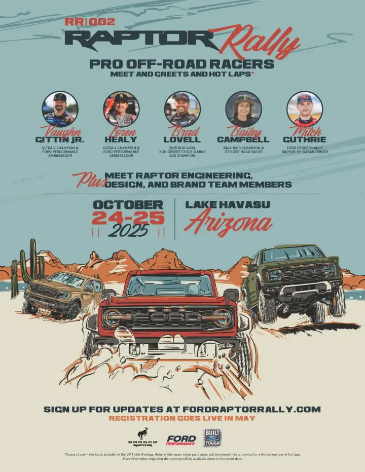 Poster advertising the five drivers who will be attending the 2025 Ford Raptor Rally to meet and greet with fans. 
