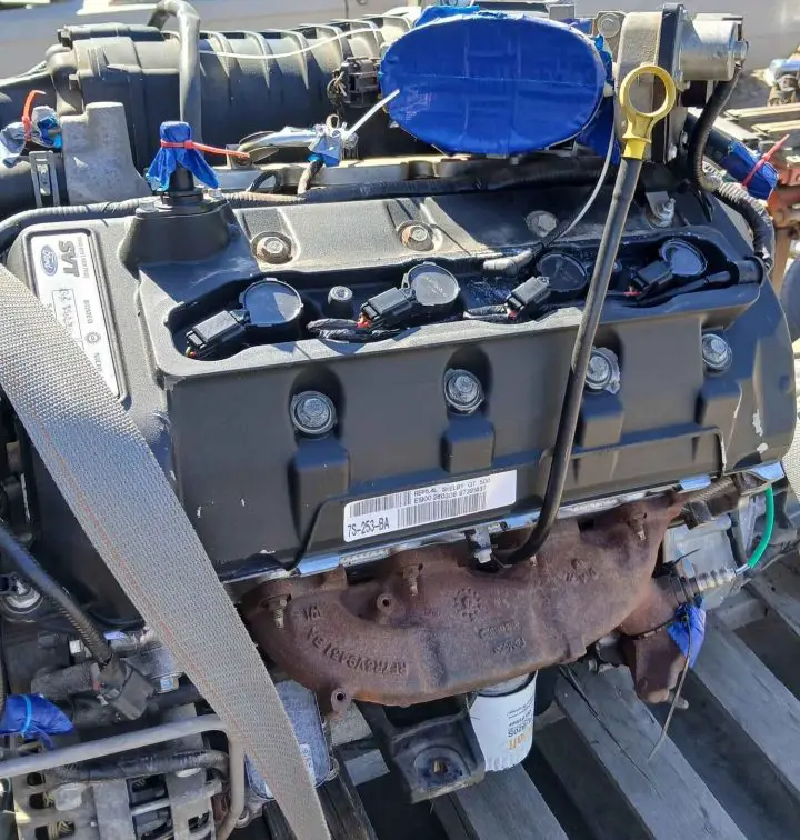 A photo showing a Ford SVT 5.4L V8 engine and Tremec transmission.