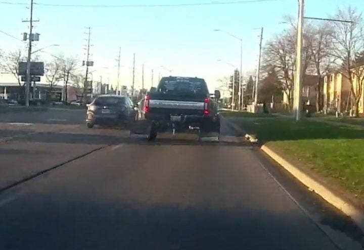 Video still of the Ford Super Duty showing aggression due to the actions of another motorist. They didn't really gain much from the road rage display.