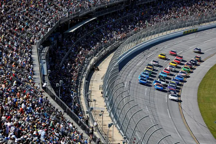 Photo showing a general view of racing during the Cup Series race at Talladega in April 2025. Two NASCAR Ford teams were disqualified following the event.