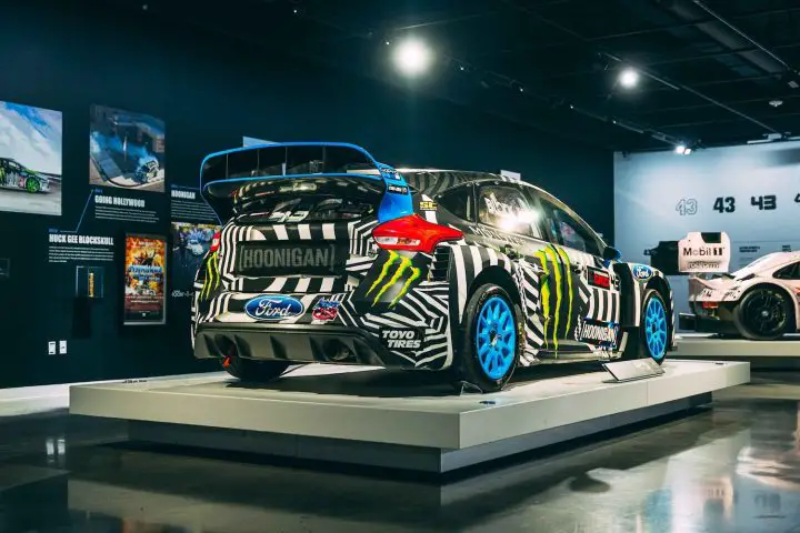 A photo showing the new People's Champ The Impact of Ken Block exhibit at the Petersen Automotive Museum.