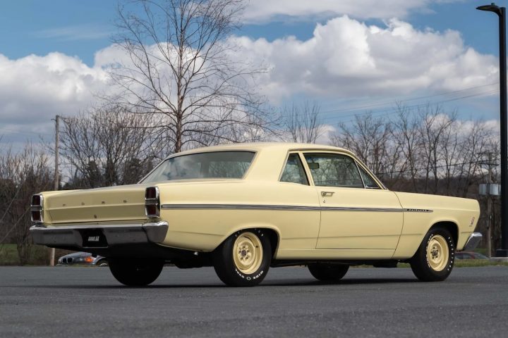 A photo showing the exterior of a 1967 Ford Fairlane Club Coupe R-Code from a rear three quarters angle.