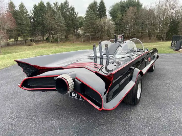 A photo showing the exterior of a 1979 Lincoln Continental Batmobile replica from a rear three quarters angle.