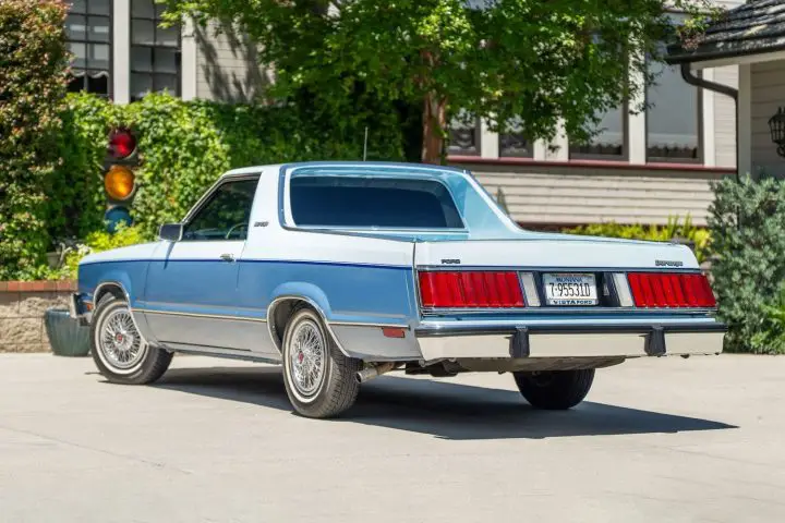 A photo showing the exterior of a 1981 Ford Fairmont Durango pickup from a rear three quarters.