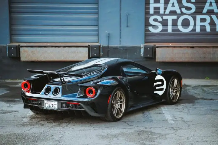 A photo showing the exterior of a 2017 Ford GT '66 Heritage Edition from a front three quarters angle.