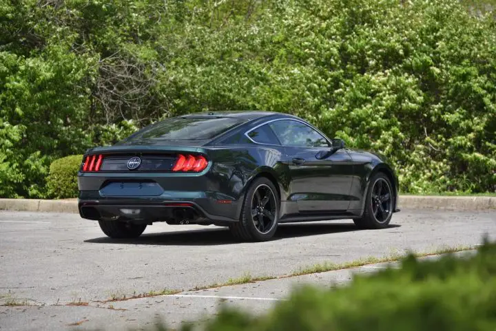 A photo showing the exterior of a 2019 Ford Mustang Bullitt from a rear three quarters angle.