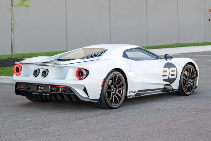 A photo showing the exterior of the 2021 Ford GT '66 Heritage Edition from a rear three quarters angle.
