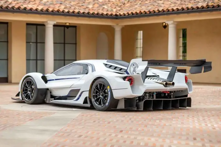 A photo showing the exterior of the 2024 Ford GT Mk IV from a rear three quarters angle.