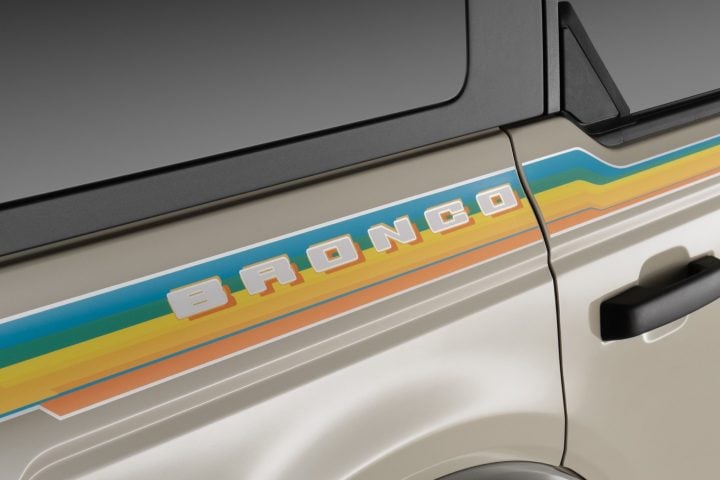 Close up photo showing the Bronco script and stripes on the rear fender of the 2025 Ford Bronco. This graphic is part of the Coastal Package.