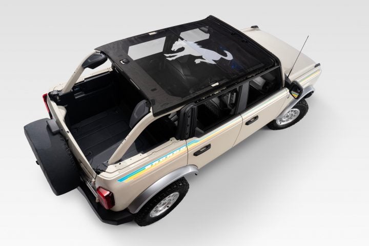A photo of the 2025 Ford Bronco with the Coastal Package, shown from a high angle looking down on the roof. This package is offered with or without a two-inch suspension lift.